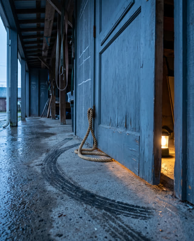 An outdoor-adjacent community storage porch with a wide wooden service door after rain, empty of people, with no readabl