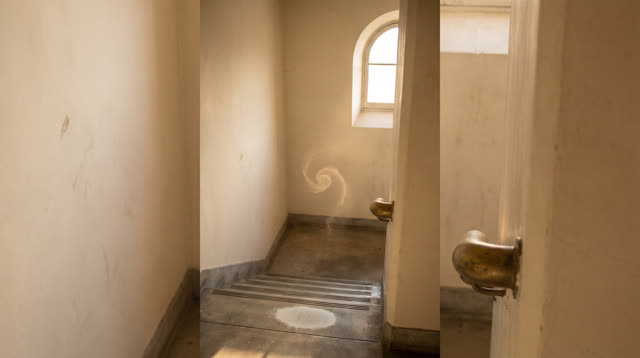 A sunlit civic fire-stair landing with cream plaster and a small high window, empty of people, with no readable signs, r