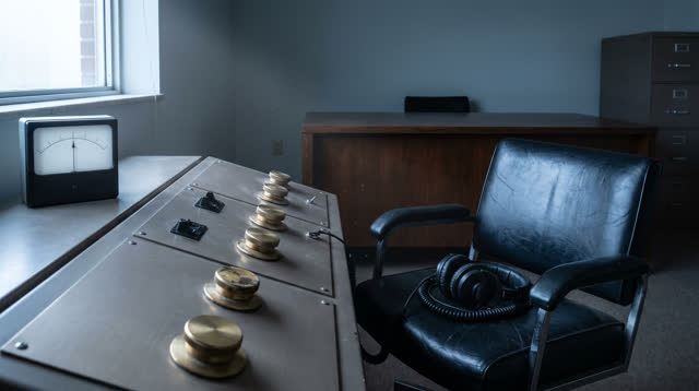 A small municipal radio monitoring room after a morning equipment check, empty of people, with no readable labels, contr