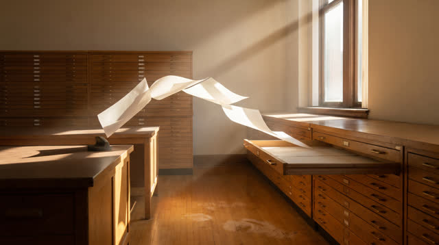 A civic map-drawer room with one shallow wooden drawer open under a tall window, empty of people, with no readable maps,