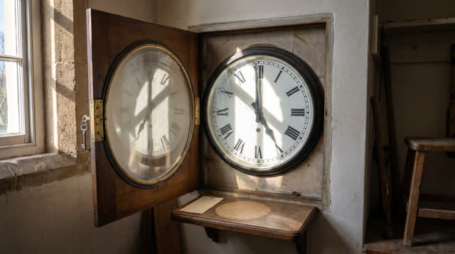 A small civic clock-maintenance alcove after the morning time check, empty of people, with no readable text, radio room
