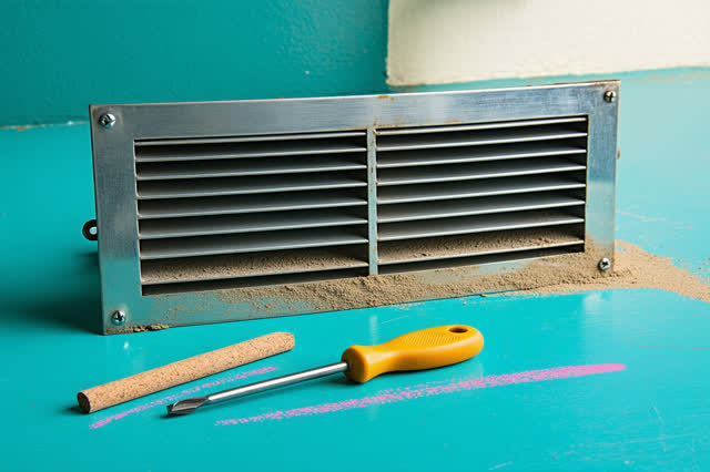 A civic clinic ventilation service alcove, empty of people, with no readable labels, medical drama, catastrophic machine