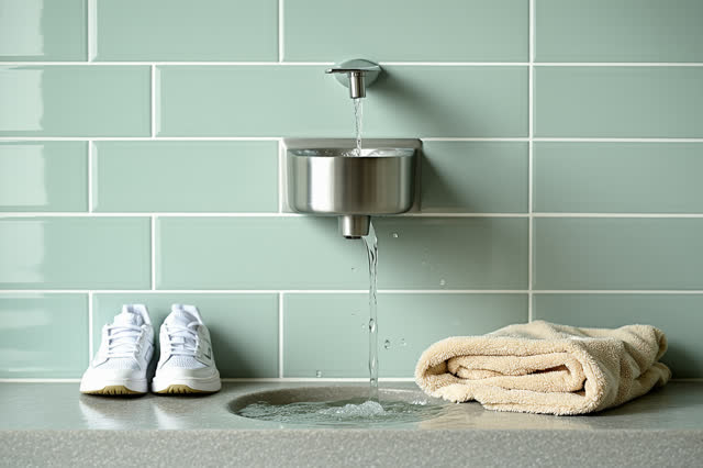 A community center water-fountain alcove after a morning event, empty of people, with no readable notices, sink focus, p