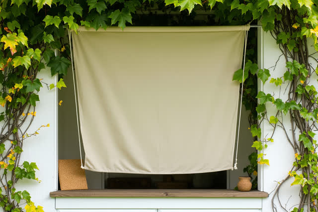 A community clinic garden porch with a small canvas shade awning, empty of people, with no readable signs, cork shims, f
