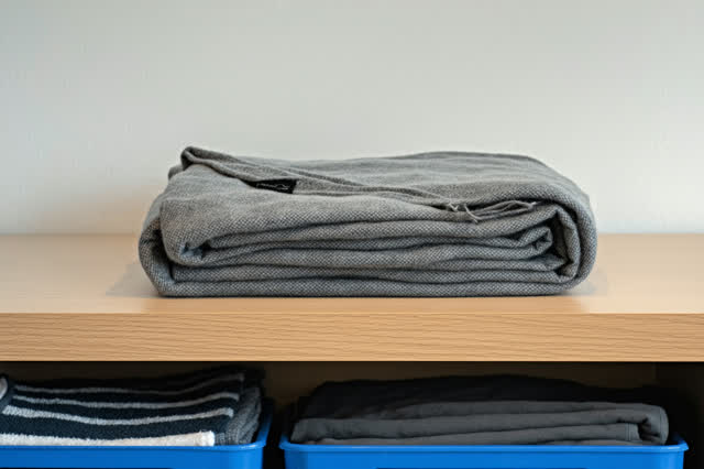 A community warming-room shelf after donated blankets have been folded, empty of people, with no readable notices, cloak