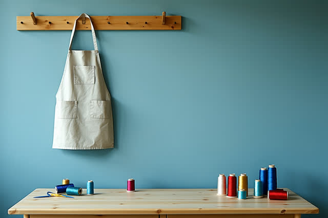 A community textile mending room after open hours, empty of people, with no readable labels, cloakroom repetition, too m