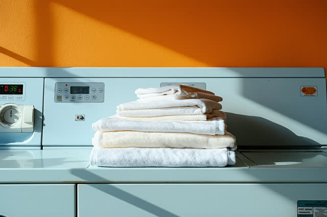 A public laundry folding alcove just after the machines have quieted, empty of people, with no readable notices, too man
