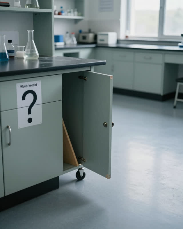 A school science prep room without sink focus, readable chemical labels, specimens, or classroom clutter, empty of peopl