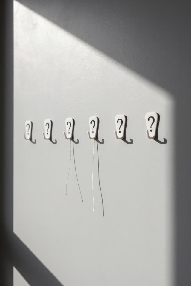 A civic workshop supply wall with blank magnetic hooks and a few thin hanging cords, empty of people, with no readable l