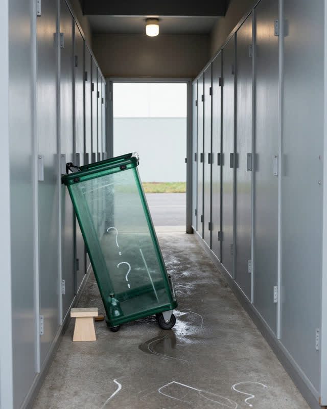 A community recycling shed with a glass-return crate beside a narrow sorting aisle, empty of people, with no readable la