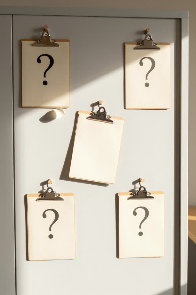 A public volunteer check-in cupboard with blank clipboards hanging from wooden pegs, empty of people, with no readable f
