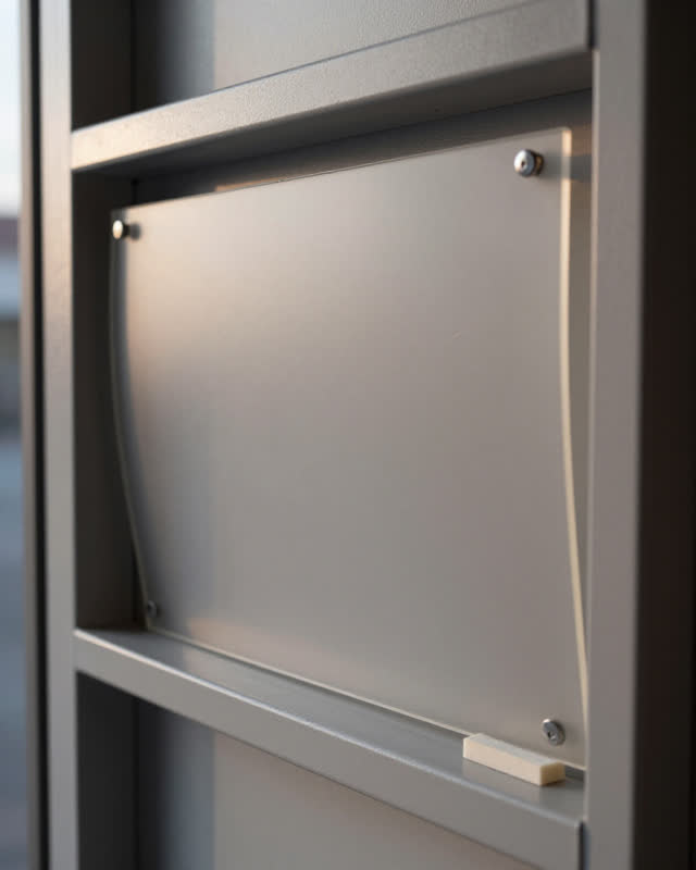 A community notice-case repair shelf with the case empty of readable notices, empty of people, with no corridor drama, r