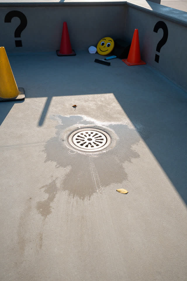 A public splash-pad maintenance corner after the water has been turned off, empty of people, with no readable signs, poo