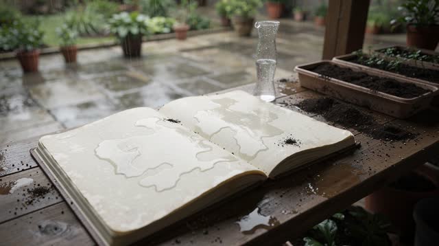 A covered public courtyard potting ledger table after rain, empty of people, with no readable writing, mystical portal c