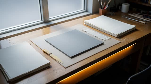 A small public library bindery corner after a quiet morning repair setup, empty of people, with no readable text, mechan