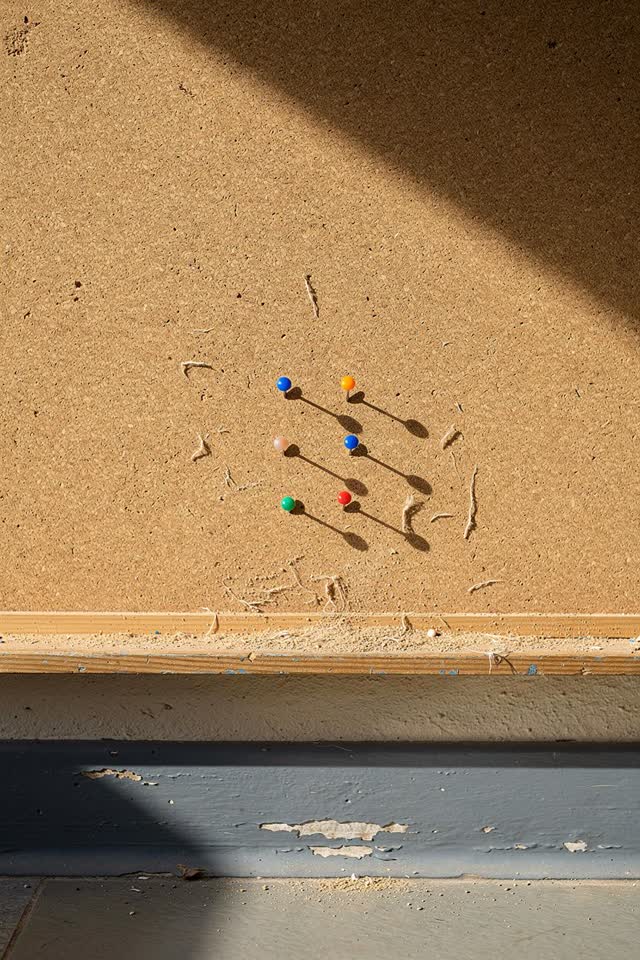 A bright school hallway display base with an empty corkboard after notices were removed, empty of people, with no readab