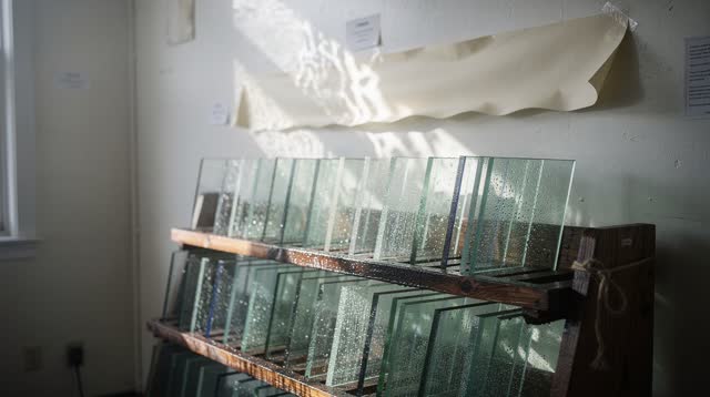 A civic storm-window sample room after rain, empty of people, with no readable labels, cold-frame repetition, seed tray