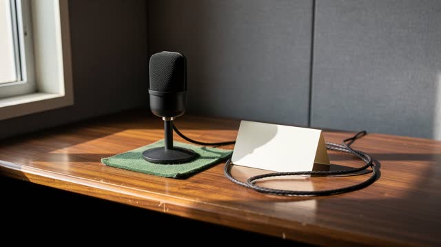 A small community radio booth after a daylight equipment check, empty of people, with no readable text, control-panel cl