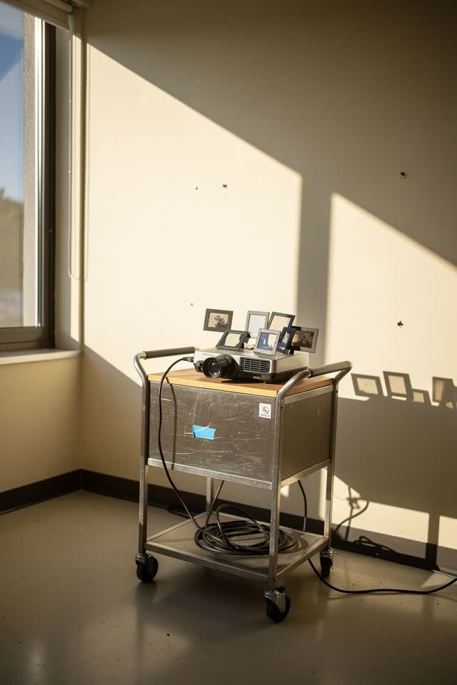 A community slide-projection cart parked near a bright window after a talk, empty of people, with no readable labels, an