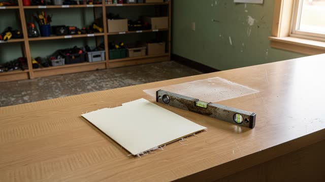 A small neighborhood tool library checkout counter after morning returns, empty of people, with no readable labels, radi