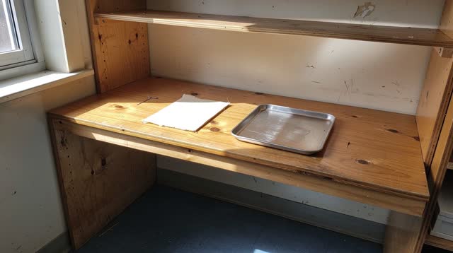 A school materials closet with open shelves, no drawer wall, after a supply check, empty of people, with no readable tex