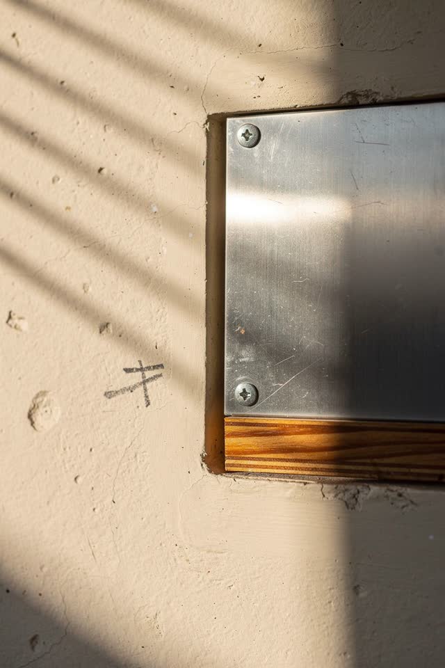 A public clock-maintenance niche with the clock face out of frame, empty of people, with no readable text, clock-face me