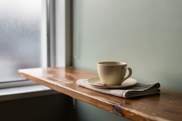 A community waiting-room tea shelf beside a frosted side window, empty of people, with no readable notices, perfect fold