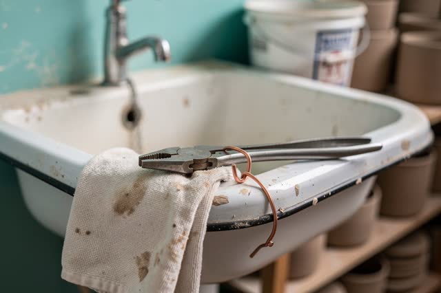 A public ceramics studio wash sink during a small repair, empty of people, with no readable labels, random foreground to