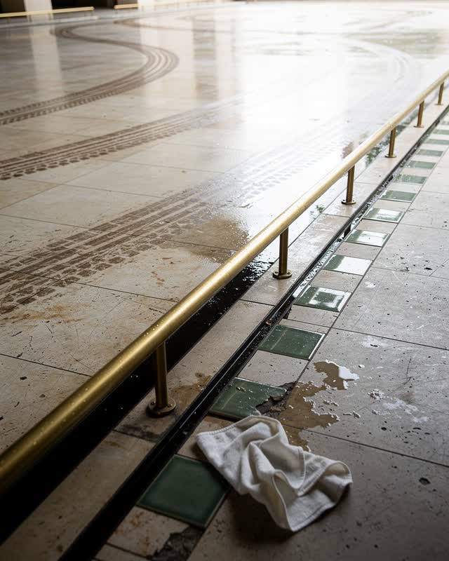 A covered civic courtyard ramp after rain, empty of people, with no readable signs, ferry workflow repetition, umbrella