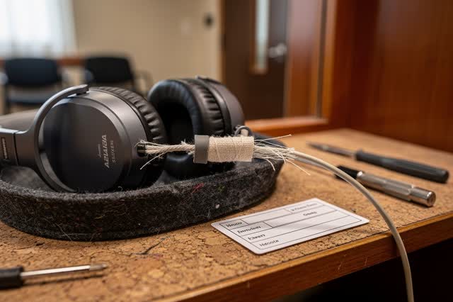 A rehearsal-lobby audio lending shelf during a small headphone repair, empty of people, with no readable labels, generic