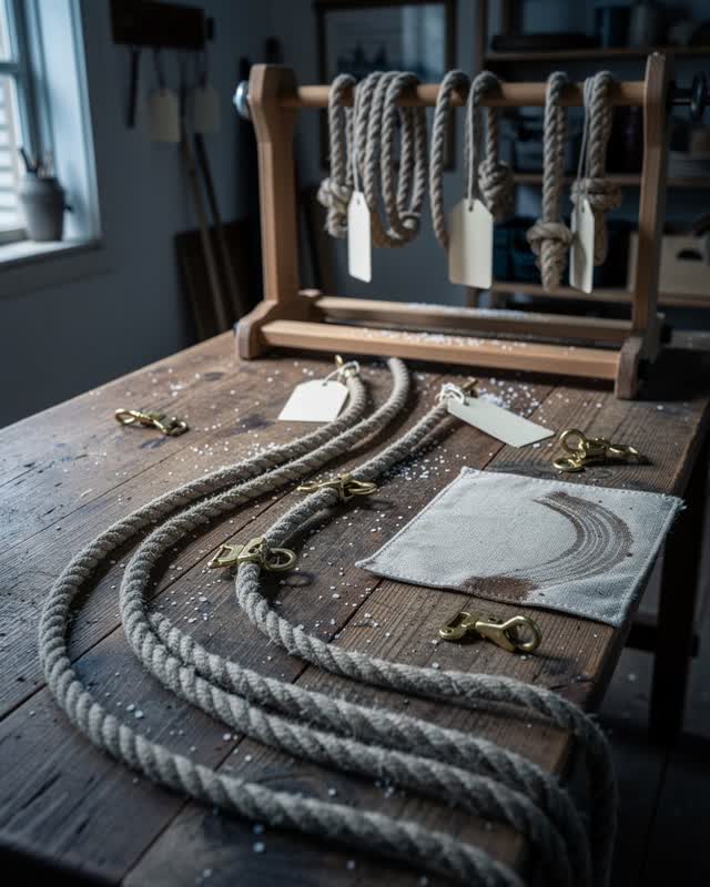 A harbor community workshop rope table after a wet gear check, empty of people, with no readable tags, ferry route-table