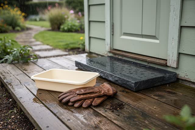 A public garden shed porch after light rain, empty of people, with no readable labels, seedling rows, cold-frame repetit