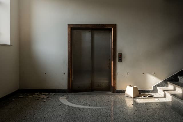 A small archive elevator landing between floors after a delivery, empty of people, with no readable labels, freight-lobb