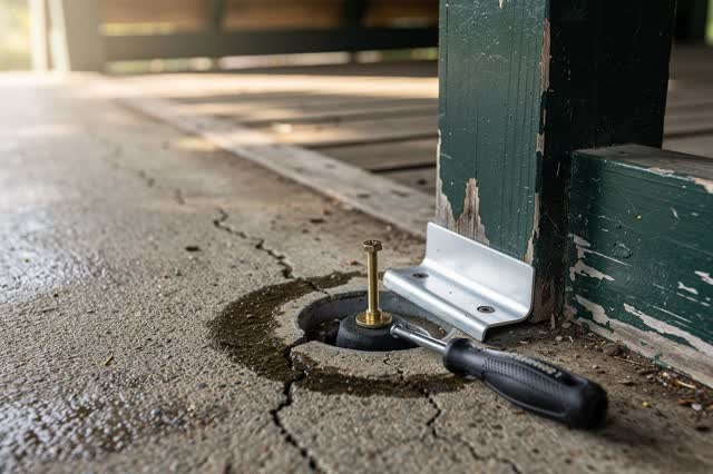 A covered public rain porch drain corner after a shower, not a doorway and not a threshold mat, empty of people, with no