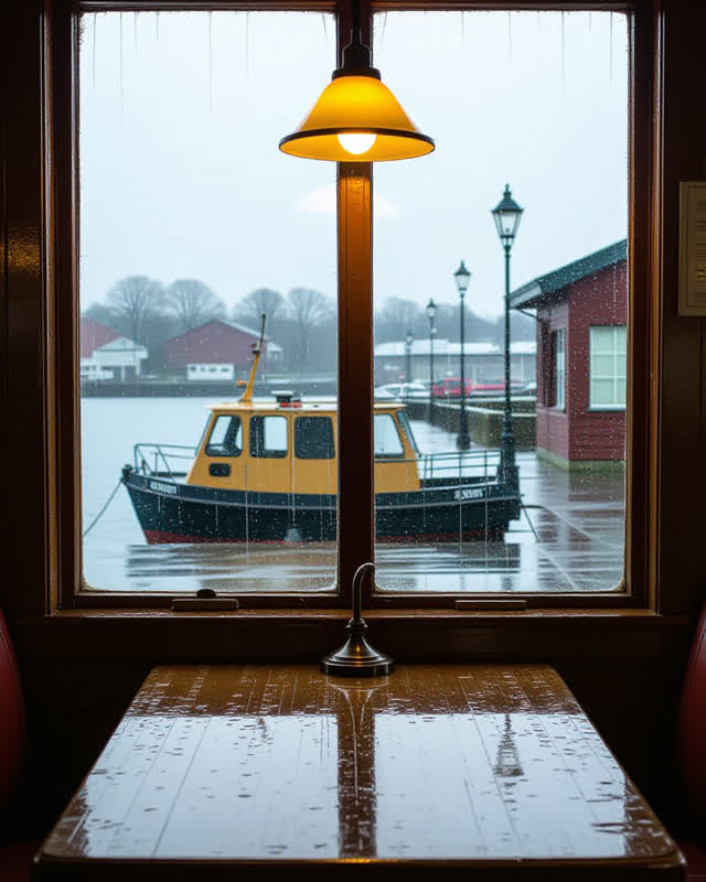 A small ferry waiting-room notice table by a rain-streaked window, empty of people, with no readable route text, roof-ha