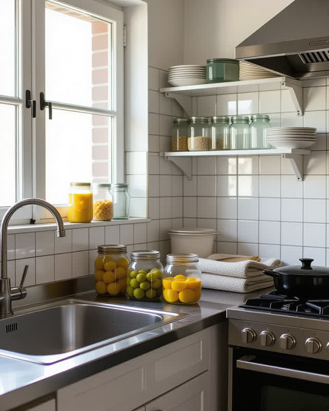 A community kitchen cooling counter after a small batch of preserved food, empty of people, with no readable labels, lau