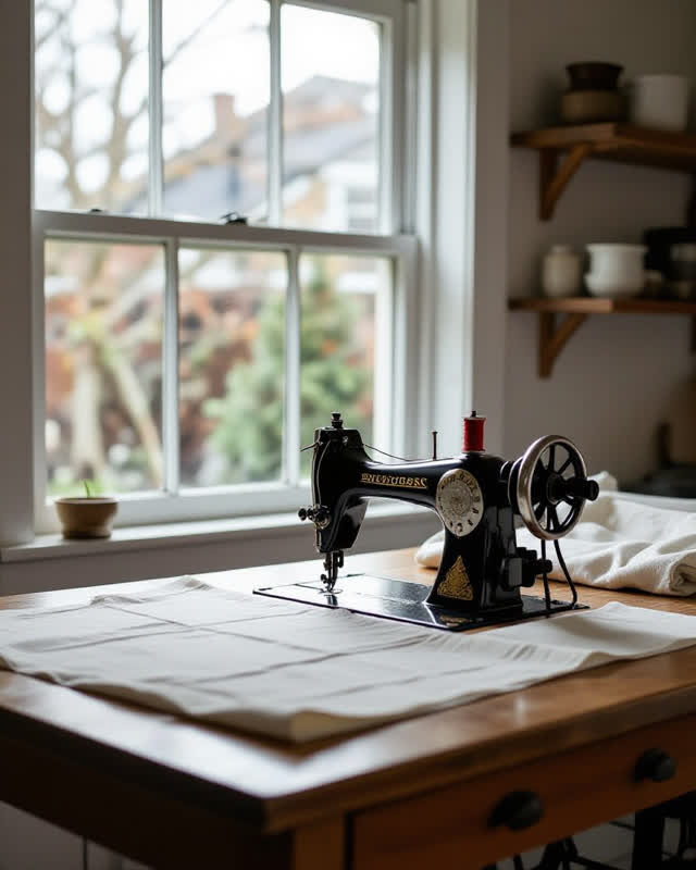 A shared sewing machine table near a public garden shed window, used for making plain protective covers, empty of people