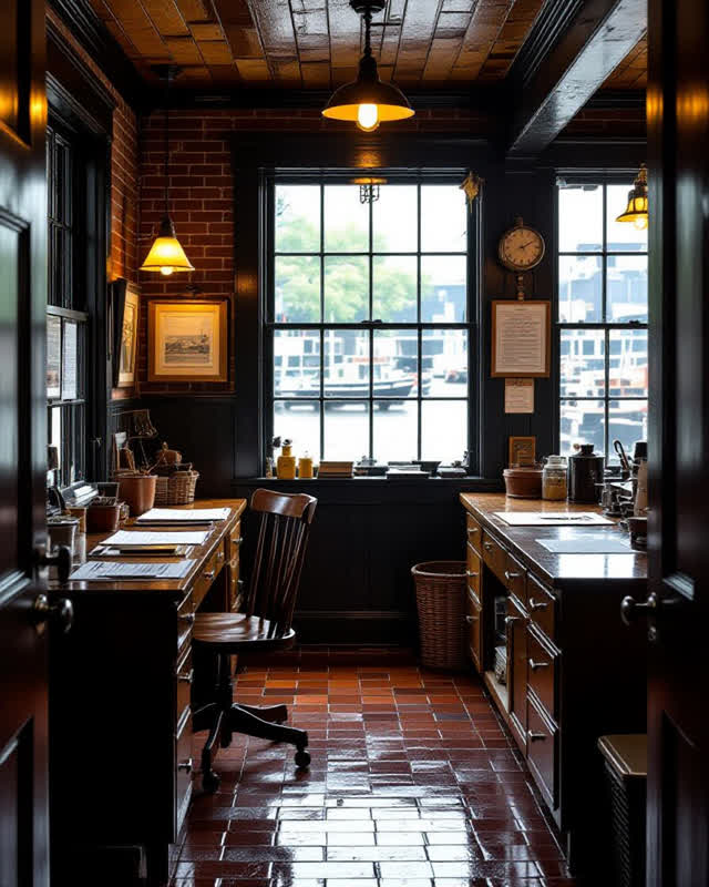 A public boathouse office after rain, without ropes or maps, empty of people, with no readable labels, harbor rope, ferr