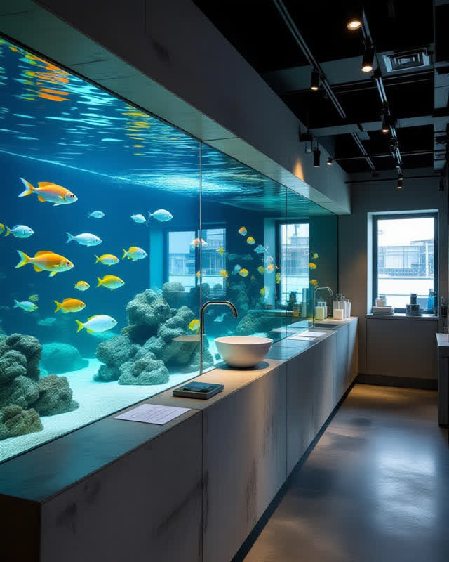 An aquarium service viewing edge where tanks are mostly out of frame and no signage is readable, empty of people, with n