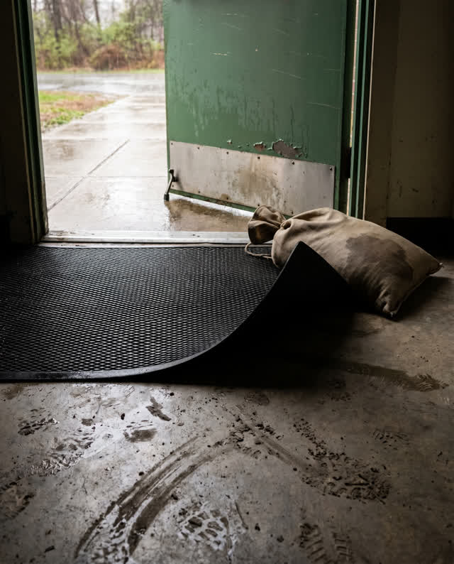A public side entrance vestibule after rain, empty of people, with no readable signs, bench-slat repetition, notice-case