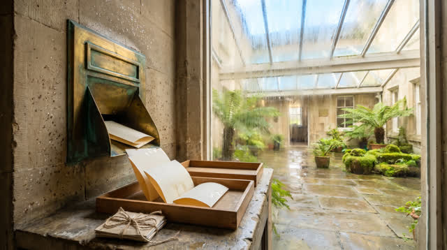 An old civic archive mail-chute alcove opening into a bright interior courtyard after rain, empty of people, with no rea