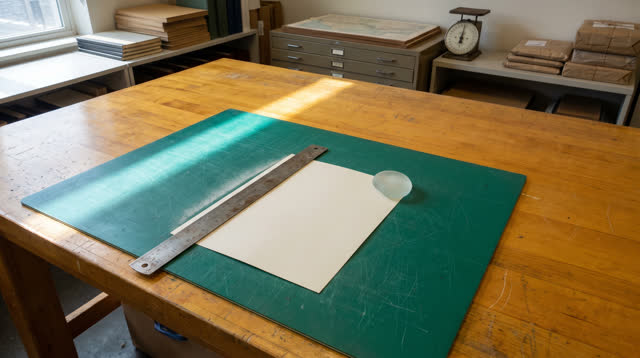 A public makerspace cutting table after careful setup, empty of people, with no readable markings, bindery board repetit