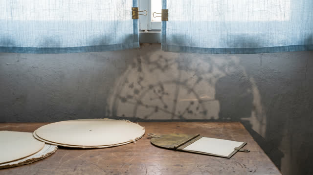 A small public observatory desk in afternoon light, empty of people, with no readable star names, weather-card repetitio