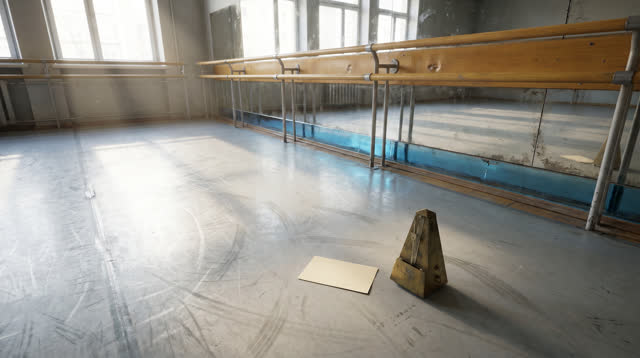 A small community dance studio after morning practice, empty of people, with no readable writing, folding chair repetiti
