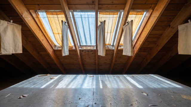 A daylight storage loft with open rafters and blank weather sleeves drying on thin lines, empty of people, with no reada