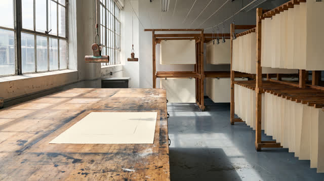 A community printmaking drying room after a morning workshop, empty of people, with no readable text, airborne dust, too