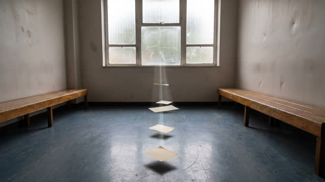A public quiet room with simple varnished benches and high nonuniform frosted glass, without radio equipment, empty of p