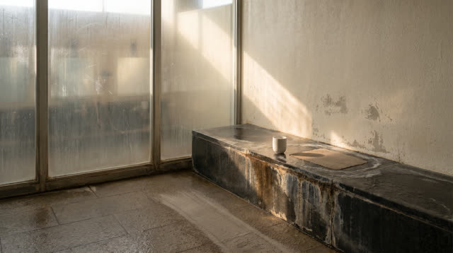 A towel-free public bath anteroom with a water-dark stone steam bench and cloudy safety glass, empty of people, with no