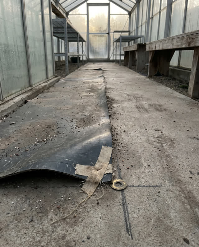 A community greenhouse corridor without visible plants, seedlings, cold frames, or office desk, empty of people, with no
