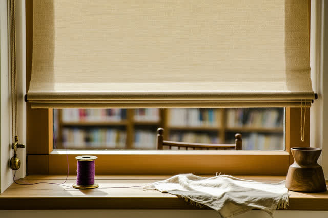 A public reading-room window bay during a blind-cord repair, empty of people, with no readable book spines, random foreg